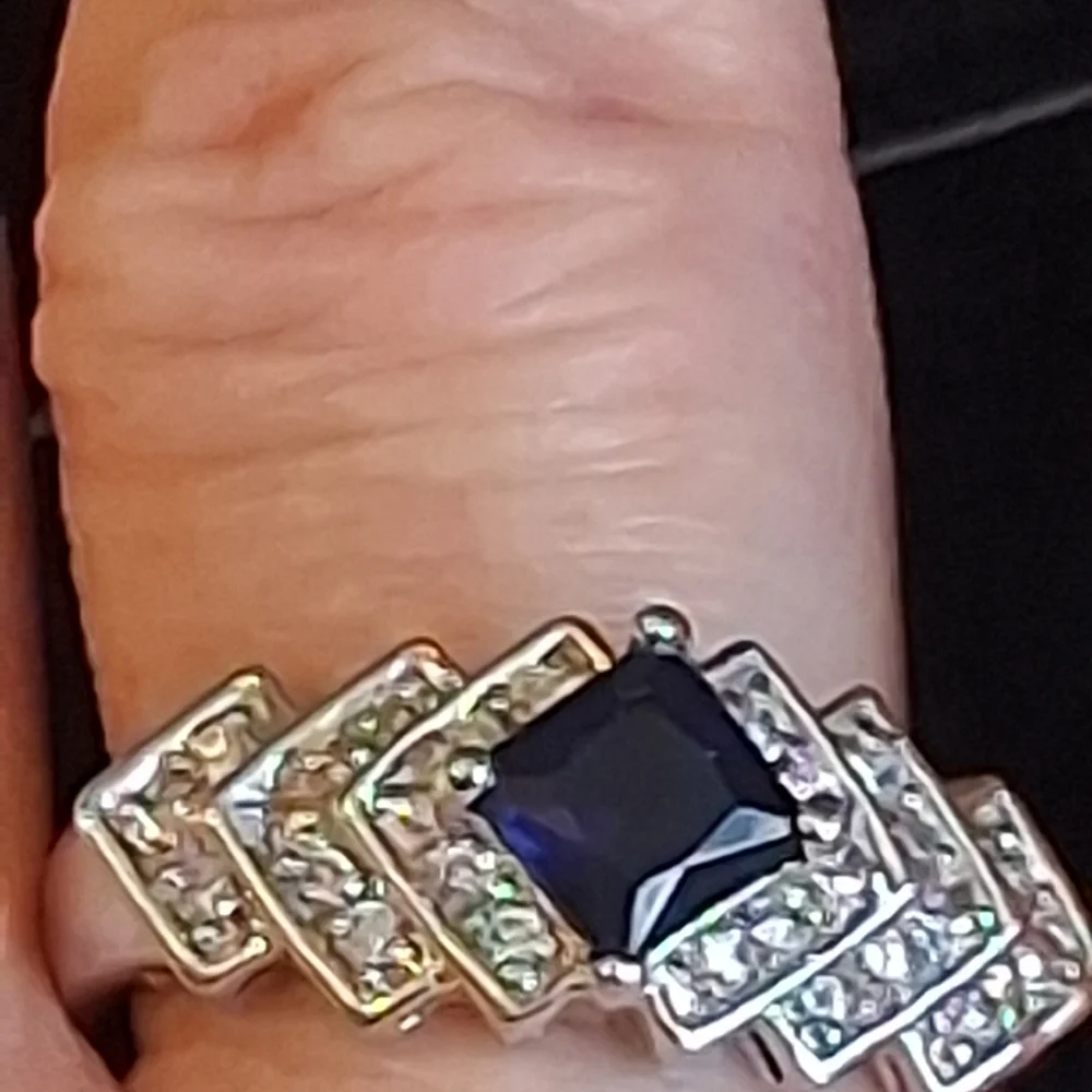 Sterling Silver Women's Ring With Faux Sapphire And Diamonds Size 10 3/4